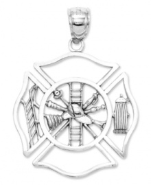 Honor a courageous fireman (or woman) with this symbolic charm. Crafted in 14k white gold, charm features a shield with a ladder, hat, and fire hydrant. Chain not included. Approximate length: 1-1/10 inches. Approximate width: 4/5 inch.