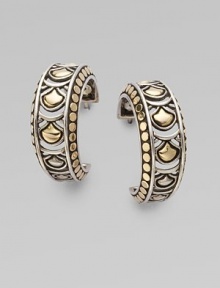 From the Naga Collection. Striking half hoops combine dots and arcs, sterling silver and 18k gold, in a design that feels both tribal and modern.Sterling silver and 18k yellow gold Drop, about 1 Post back Made in Bali From the Naga Collection. Striking half hoops combine dots and arcs, sterling silver and 18k gold, in a design that feels both tribal and modern.Sterling silver and 18k yellow gold Drop, about 1 Post back Made in Bali