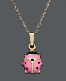 Give her a little extra luck with this adorable ladybug pendant. Crafted in 14k gold, ladybug features a pink and black shell. Approximate length: 14 inches. Approximate drop: 1/2 inch. Give her a little extra luck with this adorable ladybug pendant. Crafted in 14k gold, ladybug features a pink and black shell. Approximate length: 14 inches. Approximate drop: 1/2 inch.