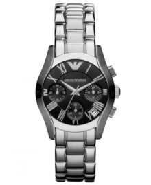 Extraordinary craftsmanship in a sleek chronograph design. This Emporio Armani watch features a stainless steel bracelet and round case. Black chronograph dial features silver tone Roman numerals, logo, date window, three hands and three subdials. Quartz movement. Water resistant to 50 meters. Two-year limited warranty.