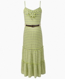 Accessories are everything. Unexpected elements like ruffle detailing and a rope belt add fashionable flair to this maxi dress from Epic Threads.