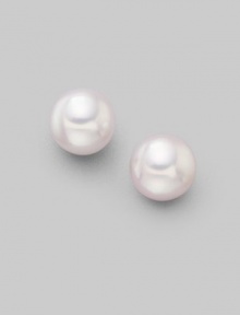 From the Akoya Collection. Classic white cultured pearl studs set in 18k gold. 7mm white round cultured pearls Quality: A 18k white gold Post back Imported From the Akoya Collection. Classic white cultured pearl studs set in 18k gold. 7mm white round cultured pearls Quality: A 18k white gold Post back Imported