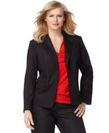 Add a professional layer to your office look with Calvin Klein's two-button plus size jacket-- make it a suit with the matching pants!