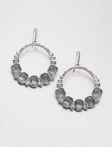 From the Social Graces Collection. A modern and sparkling design with faceted stones in various shapes set in a graduated hoop drop style. Glass stonesWhite metalDrop, about 2.5Hook backImported From the Social Graces Collection. A modern and sparkling design with faceted stones in various shapes set in a graduated hoop drop style. Glass stonesWhite metalDrop, about 2.5Hook backImported
