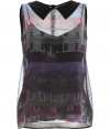 Channel countryside-chic at cocktail hour in Moschino C&Cs graphic print silk top, perfect for pairing with slim-fit separates - Pointed collar in front, sleeveless, house-print silk front, black mesh back with snap closures at nape, black spaghetti strap tank lining - Loosely fitted - Wear with a full skirt and slipper-style loafers