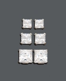 Sparkle and shine to match any occasion! Earring set features three pairs of square-cut cubic zirconia studs (4-1/3 ct. t.w.) in a 14k white gold post setting. Approximate diameters: 1/8 inch, 3/16 inch, and 1/4 inch. Sparkle and shine to match any occasion! Earring set features three pairs of square-cut cubic zirconia studs (4-1/3 ct. t.w.) in a 14k white gold post setting. Approximate diameters: 1/8 inch, 3/16 inch, and 1/4 inch.
