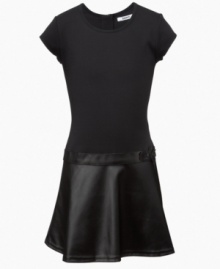 A drop waist with faux-leather skirt makes this little black dress from DKNY a bit more eyecatching. A drop waist with faux-leather skirt makes this little black dress from DKNY a bit more eyecatching.