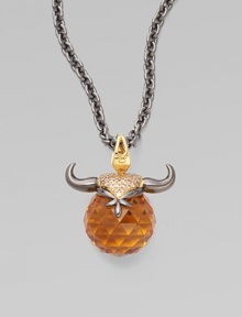 A goldplated and black rhodium plated sterling silver bull horns, complete with pavé cubic zirconia, looms over a topaz crystal, strung on a long elegant chain.Topaz crystal Cubic zirconia Goldplated sterling silver Black rhodium plated sterling silver Chain length, about 30 Pendant width, about 1½ Lobster clasp Imported A goldplated and black rhodium plated sterling silver bull horns, complete with pavé cubic zirconia, looms over a topaz crystal, strung on a long elegant chain.Topaz crystal Cubic zirconia Goldplated sterling silver Black rhodium plated sterling silver Chain length, about 30 Pendant width, about 1½ Lobster clasp Imported