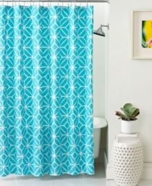 Trina Turk brings a touch of whimsy to your bathroom with this Trellis shower curtain, featuring a white latticework design over Trina's signature fleurette pattern in tonal hues. Pair with coordinating comforter and duvet cover sets for even more flair. Trina Turk brings a touch of whimsy to your bathroom with this Trellis shower curtain, featuring a white latticework design over Trina's signature fleurette pattern in tonal hues. Pair with coordinating comforter and duvet cover sets for even more flair.