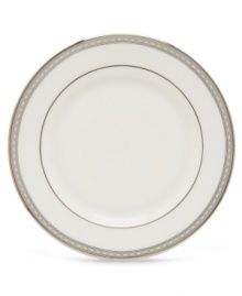 Metropolitan sensibility and modern design combine in this understated white bone china from Lenox's collection of dinnerware and dishes. Platinum gild along the edge is enhanced by a clean, platinum geometric pattern reminiscent of architectural details. Accent plates feature the geometric pattern along the interior verge, with a thin platinum band along the outer rim. Qualifies for Rebate Metropolitan sensibility and modern design combine in this understated white bone china from Lenox's collection of dinnerware and dishes. Platinum gild along the edge is enhanced by a clean, platinum geometric pattern reminiscent of architectural details. Accent plates feature the geometric pattern along the interior verge, with a thin platinum band along the outer rim. Qualifies for Rebate