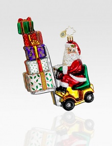 The elves need some help this year and Santa knows exactly what will do the job: A festive forklift! Hand-blownHand-painted6½ tallMade in Poland The elves need some help this year and Santa knows exactly what will do the job: A festive forklift! Hand-blownHand-painted6½ tallMade in Poland