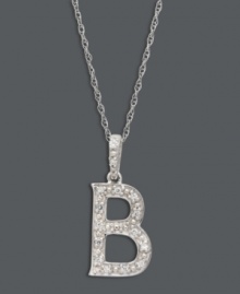 Spell it out in sparkle! This personalized initial charm necklace makes the perfect gift for Barbara or Betty. Features sparkling, round-cut diamond accents. Setting and chain crafted in 14k white gold. Approximate length: 18 inches. Approximate drop: 1/2 inch. Spell it out in sparkle! This personalized initial charm necklace makes the perfect gift for Barbara or Betty. Features sparkling, round-cut diamond accents. Setting and chain crafted in 14k white gold. Approximate length: 18 inches. Approximate drop: 1/2 inch.