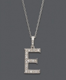 Spell it out in sparkle! This personalized initial charm necklace makes the perfect gift for Elizabeth or Elaine. Features sparkling, round-cut diamond accents. Setting and chain crafted in 14k white gold. Approximate length: 18 inches. Approximate drop: 1/2 inch. Spell it out in sparkle! This personalized initial charm necklace makes the perfect gift for Elizabeth or Elaine. Features sparkling, round-cut diamond accents. Setting and chain crafted in 14k white gold. Approximate length: 18 inches. Approximate drop: 1/2 inch.