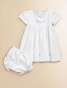 Make your little one look like a doll in this soft two-piece set with pretty scattered flowers. CrewneckShort sleevesScallop trim in contrasting toneEmpire waistBack snap closureBloomers with elastic waist and leg openingsPima cottonMachine washImported Make your little one look like a doll in this soft two-piece set with pretty scattered flowers. CrewneckShort sleevesScallop trim in contrasting toneEmpire waistBack snap closureBloomers with elastic waist and leg openingsPima cottonMachine washImported