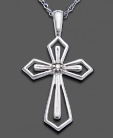 A pure and simple cross pendant in 14k white gold and diamond accents. Approximate length: 18 inches. Approximate drop: 1 inch. A pure and simple cross pendant in 14k white gold and diamond accents. Approximate length: 18 inches. Approximate drop: 1 inch.