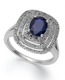 Richly colored and precisely detailed, this unique ring features a dramatic design of round-cut diamonds in a three ring pattern (1/4 ct. t.w.) and an oval-cut sapphire at center (1-5/8 ct. t.w.). Crafted in 14k white gold. Richly colored and precisely detailed, this unique ring features a dramatic design of round-cut diamonds in a three ring pattern (1/4 ct. t.w.) and an oval-cut sapphire at center (1-5/8 ct. t.w.). Crafted in 14k white gold.