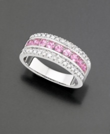 Pure feminine beauty. This band ring boasts round-cut pink sapphires (9/10 ct. t.w.) and sparkling diamond accents set in 14k white gold. Pure feminine beauty. This band ring boasts round-cut pink sapphires (9/10 ct. t.w.) and sparkling diamond accents set in 14k white gold.