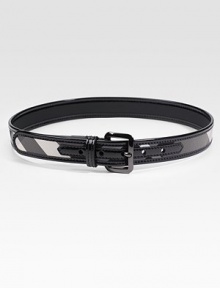 The perfect blend of iconic check print and glossy patent leather. 80% nylon/20% leatherWidth, about 1Made in Italy The perfect blend of iconic check print and glossy patent leather. 80% nylon/20% leatherWidth, about 1Made in Italy