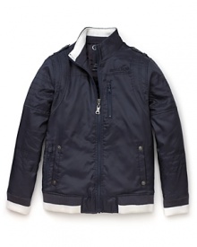 Moto-inspired shoulder stitching and rivet details up the cool factor of this GUESS Kids zip front jacket. Moto-inspired shoulder stitching and rivet details up the cool factor of this GUESS Kids zip front jacket.