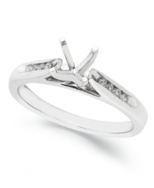 Start off your one-of-a-kind engagement ring by selecting your favorite ring setting. This stunning ring setting features a 4-prong design in 14k white gold with round-cut diamonds (1/5 ct. t.w.) at the shoulders. Band width: 4 mm. Available in whole sizes 6-9. Start off your one-of-a-kind engagement ring by selecting your favorite ring setting. This stunning ring setting features a 4-prong design in 14k white gold with round-cut diamonds (1/5 ct. t.w.) at the shoulders. Band width: 4 mm. Available in whole sizes 6-9.