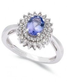Enhance your look with a burst of sparkle. This stunning 14k white gold ring showcases an oval-cut tanzanite (3/4 ct. t.w.) encircled by two rows of single and full-cut diamonds (1/3 ct. t.w.). Enhance your look with a burst of sparkle. This stunning 14k white gold ring showcases an oval-cut tanzanite (3/4 ct. t.w.) encircled by two rows of single and full-cut diamonds (1/3 ct. t.w.).