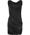 Shimmer into cocktail hour with a dusting of metallic luster in Jay Ahrs eye-catching metallic black dress - Softly draped neckline in front, deeply draped in the back, sleeveless, form-fitting, mini-length - Pair with ankle boots or strappy sandals and a statement clutch