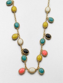 A colorful design with cabochon links surrounded in a rope setting on a link chain, perfect for a wrapped look. Plastic stonesGoldtoneLength, about 45Slip-on styleImported A colorful design with cabochon links surrounded in a rope setting on a link chain, perfect for a wrapped look. Plastic stonesGoldtoneLength, about 45Slip-on styleImported