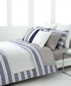 Redefine the look of your bedroom with these sophisticated stripes. Broad horizontal lines in vapor blue alternate with pinstripes for a studied, modern look upon rich cotton. Add a few quilted and solid Lacoste accents and you'll feel right at home with this urban bedding collection.