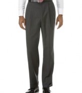 Stand for tradition. Classic double-pleat pant has a handsome drape and timeless style that looks great on its own or paired with the two-button blazer for an elegant suit. Engineered Waistband: Stretches one inch on each side. On-seam pockets. Button-through back pockets. Finished with a 1.5 cuff.