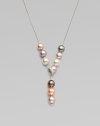 Colorful freshwater and South Sea pearls accented with brilliant diamonds on a sleek 18k white gold link chain. 9MM round, pink freshwater and black & white South Sea pearlsDiamonds, .2 tcwLength, about 19Adjustable claspImported 
