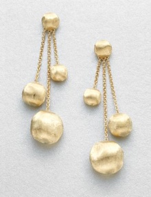A simply elegant, 18k gold design featuring three graduated, engraved drops on delicate link chains. 18k goldDrop, about 2.2Post backMade in Italy A simply elegant, 18k gold design featuring three graduated, engraved drops on delicate link chains. 18k goldDrop, about 2.2Post backMade in Italy