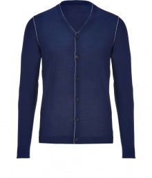 With a timeless blue hue and modern contrast trim, Jil Sanders wool cardigan is both classic and contemporary - High V-neckline, long sleeves, button-down front, contrast trimmed seaming - Slim fit - Wear with a button-down, tailored trousers and lace-ups With a timeless blue hue and modern contrast trim, Jil Sanders wool cardigan is both classic and contemporary - High V-neckline, long sleeves, button-down front, contrast trimmed seaming - Slim fit - Wear with a button-down, tailored trousers and lace-ups
