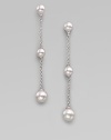 Graceful chains of sterling silver have round white pearls at the top, the bottom and in the middle as they dangle delicately. 6mm and 8mm white round organic man-made pearls Sterling silver Drop, about 2¾ Post back Made in Spain