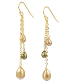 Natural resplendence. Polished cultured freshwater pearls (4-9 mm) in natural and green hues dangle delicately on these 18k gold over sterling silver earrings. Approximate drop: 2 inches. Natural resplendence. Polished cultured freshwater pearls (4-9 mm) in natural and green hues dangle delicately on these 18k gold over sterling silver earrings. Approximate drop: 2 inches.