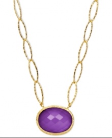 Adorn yourself with the season's hottest hues: jewel tones! This eye-catching pendant features a faceted oval-cut amethyst (10-3/4 ct. t.w.) set in 18k gold over sterling silver on a unique oval link chain. Approximate length: 18 inches. Approximate drop length: 5/8 inch. Approximate drop width: 1 inch. Adorn yourself with the season's hottest hues: jewel tones! This eye-catching pendant features a faceted oval-cut amethyst (10-3/4 ct. t.w.) set in 18k gold over sterling silver on a unique oval link chain. Approximate length: 18 inches. Approximate drop length: 5/8 inch. Approximate drop width: 1 inch.