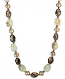 Earthy elements combine for a bohemian vibe. This pretty necklace features bronze-colored cultured freshwater pearls (9-10mm), smokey quartz (109-1/3 ct. t.w.), blue opals (122-3/8 ct. t.w.), and Swarovski Elements. Set in 18k gold over sterling silver. Approximate length: 17 inches. Earthy elements combine for a bohemian vibe. This pretty necklace features bronze-colored cultured freshwater pearls (9-10mm), smokey quartz (109-1/3 ct. t.w.), blue opals (122-3/8 ct. t.w.), and Swarovski Elements. Set in 18k gold over sterling silver. Approximate length: 17 inches.