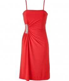 With its glamorous crystal embellished waist and flattering gather, Steffen Schrauts radiant red dress is a contemporary-chic choice for cocktails - Adjustable spaghetti straps, straight neckline, gathered side detail with crystal embellishment, hidden back zip - Fitted - Wear with heels and a shimmering metallic box clutch