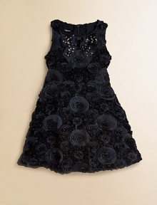 Tailored in shiny chiffon, a woven, sleeveless frock is beautifully complemented by rosettes, ruffles and a glitzy bow.ScoopneckSleevelessBack zipperFlat waistbandFully linedPolyesterDry cleanImported Tailored in shiny chiffon, a woven, sleeveless frock is beautifully complemented by rosettes, ruffles and a glitzy bow.ScoopneckSleevelessBack zipperFlat waistbandFully linedPolyesterDry cleanImported