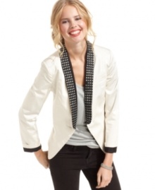 A studded, contrast-color collar gives Jessica Simpson's tuxedo blazer a super-edgy finish. Wear the layer over jeans and tees for a day outfit with downtown charisma -- or a chic pencil skirt to step-up your night-out look. A studded, contrast-color collar gives Jessica Simpson's tuxedo blazer a super-edgy finish. Wear the layer over jeans and tees for a day outfit with downtown charisma -- or a chic pencil skirt to step-up your night-out look.