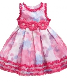 Add some pop to your princess' closet with this vibrant floral print dress from Nannette. Add some pop to your princess' closet with this vibrant floral print dress from Nannette.
