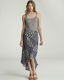 This boldly printed Velvet by Graham & Spencer skirt features an elongated back hem for dramatic flair.