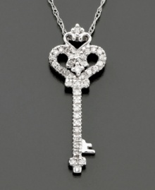 Unlock the key to sparkling style with beautiful diamond necklace! Round-cut diamonds (1/10 ct. t.w.) are set in 14k white gold key pendant. Chain measures 16 inches; drop measures 1 inch. Unlock the key to sparkling style with beautiful diamond necklace! Round-cut diamonds (1/10 ct. t.w.) are set in 14k white gold key pendant. Chain measures 16 inches; drop measures 1 inch.