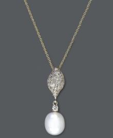 The intricacies of sophistication. Effy Collection's glamorous drop pendant incorporates several sparkling factors, including a shimmery cultured freshwater pearl (9 mm), round-cut diamonds (1/3 ct. t.w.) and a round-cut sapphire (1/10 ct. t.w.). Setting and chain crafted in 14k gold. Approximate length: 18 inches. Approximate drop: 1 inch. The intricacies of sophistication. Effy Collection's glamorous drop pendant incorporates several sparkling factors, including a shimmery cultured freshwater pearl (9 mm), round-cut diamonds (1/3 ct. t.w.) and a round-cut sapphire (1/10 ct. t.w.). Setting and chain crafted in 14k gold. Approximate length: 18 inches. Approximate drop: 1 inch.