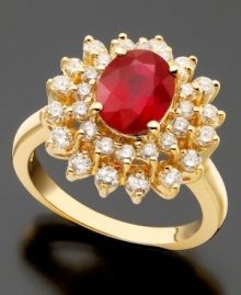 Celebrate July with a stunning birthstone in an ebullient setting. This Effy Collection(tm) ring features oval-cut ruby (1-9/10 ct. t.w.) and round-cut diamond (1 ct. t.w.) set in 14k gold. Celebrate July with a stunning birthstone in an ebullient setting. This Effy Collection(tm) ring features oval-cut ruby (1-9/10 ct. t.w.) and round-cut diamond (1 ct. t.w.) set in 14k gold.