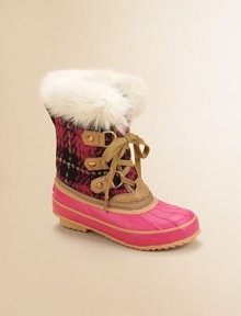 A Juicy combination of materials keeps her feet pretty and toasty, from the faux fur cuff to the tweedy upper to the rich leather trim to the rubber sole.Lace-up frontTweed felt upperRubber soleVachetta leather trim with heart-shaped studsPadded insoleFabric liningImported A Juicy combination of materials keeps her feet pretty and toasty, from the faux fur cuff to the tweedy upper to the rich leather trim to the rubber sole.Lace-up frontTweed felt upperRubber soleVachetta leather trim with heart-shaped studsPadded insoleFabric liningImported