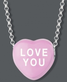 Sugary sweet style you can wear! Sweethearts' LOVE YOU pendant features a light pink enamel surface and polished, sterling silver setting and chain. Copyright © 2011 New England Confectionery Company. Approximate length: 16 inches + 2-inch extender. Approximate drop: 1/2 inch. Sugary sweet style you can wear! Sweethearts' LOVE YOU pendant features a light pink enamel surface and polished, sterling silver setting and chain. Copyright © 2011 New England Confectionery Company. Approximate length: 16 inches + 2-inch extender. Approximate drop: 1/2 inch.