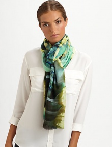 A brilliant, abstract floral print adds style and intrigue to a luxe cashmere and silk wrap. 55% cashmere/45% silkAbout 28 X 80Dry cleanImported A brilliant, abstract floral print adds style and intrigue to a luxe cashmere and silk wrap. 55% cashmere/45% silkAbout 28 X 80Dry cleanImported