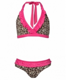 Warm weather purr-fection. This two-piece swimsuit from Pink Platinum stylishly combines modern animal print with sweet solid color for a look that you'll easily be able to spot in the crowd. Warm weather purr-fection. This two-piece swimsuit from Pink Platinum stylishly combines modern animal print with sweet solid color for a look that you'll easily be able to spot in the crowd.
