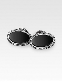Sleek, smooth onyx stones are set into finely engraved sterling silver. About 1 X ½ Made in USA Sleek, smooth onyx stones are set into finely engraved sterling silver. About 1 X ½ Made in USA