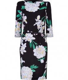 Power florals remain in full bloom, and Leonards black and white orchid print silk dress elevates the trend to new levels of ladylike luxe - Slim cut, with a waist cinching tie belt - Gently belled 3/4 sleeves and flattering boatneck - Pencil-style skirt hits at knee - Pair with ballet flats and a light cardigan by day, and style with a cropped leather jacket and strappy sandals by night